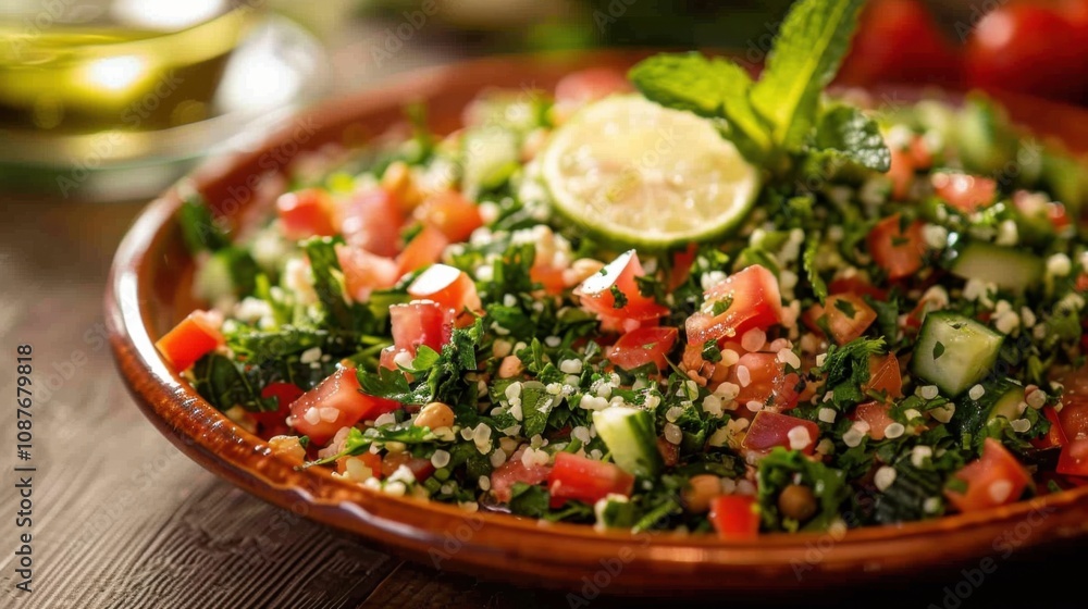 A delightful plate of Lebanese tabbouleh, bulgur wheat salad with tomatoes A delightful plate of Lebanese tabbouleh, bulgur wheat salad with tomatoes