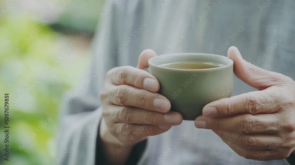 An Asian man enjoys a cup of tea outdoors during iftar, embodying a calm and peaceful demeanor An Asian man enjoys a cup of tea outdoors during iftar, embodying a calm and peaceful demeanor