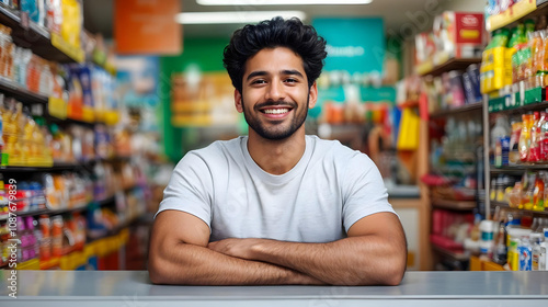 Indian Grocery Shop Owner Smiling at the Counter in a Vibrant Store generative ai