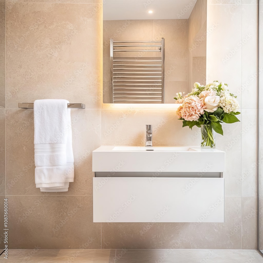 Fototapeta premium Heated towel rail, soft lighting, floating vanity, modern comfort