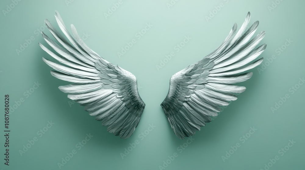 Stylish and Modern Sleek Silver Bird Wings Displaying Elegance Against a Soft Mint Background for Creative Projects Stylish and Modern Sleek Silver Bird Wings Displaying Elegance Against a Soft Mint Background for Creative Projects