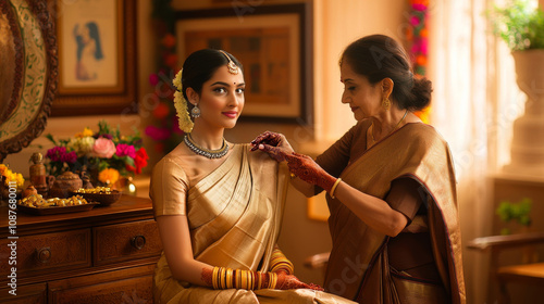 Traditional Indian Bride Adorned in Gold Jewelry with Mother’s Blessings generative a