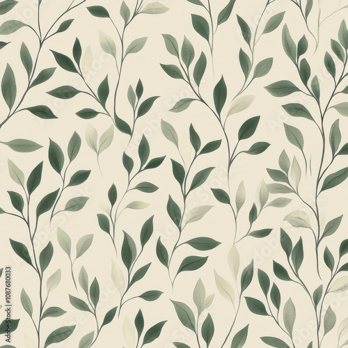 Seamless pattern of green leaves on a light background, creating a fresh and natural design perfect for wallpapers or textile prints