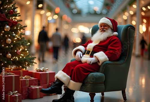 Santa sitting in soft chair on photozone in the mall with Christmas tree on backgrounds also a lot of blurred lights and gifts around