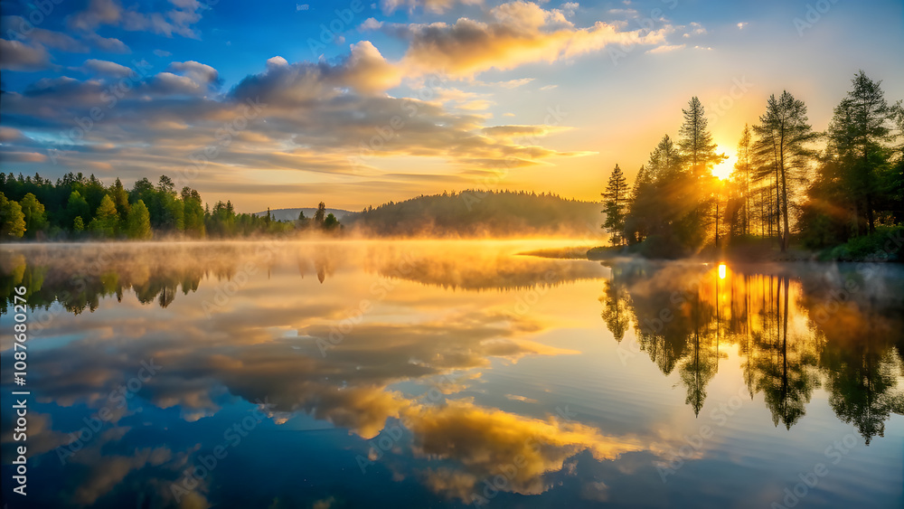 Calm Lake with Rising Mist at Sunrise Symbolizing Peace and Clarity. Perfect for: Sunrise meditations, Zen retreats, Wellness festivals Calm Lake with Rising Mist at Sunrise Symbolizing Peace and Clarity. Perfect for: Sunrise meditations, Zen retreats, Wellness festivals