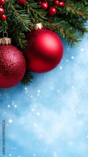 Christmas background with snow, garlands, and ornaments on frost blue background