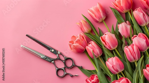 Mockup certificate gift voucher of hairdresser beauty salon beauty services orange gray card with for text mock up hairdressing scissors comb in bouquet of pink tulips on pink background