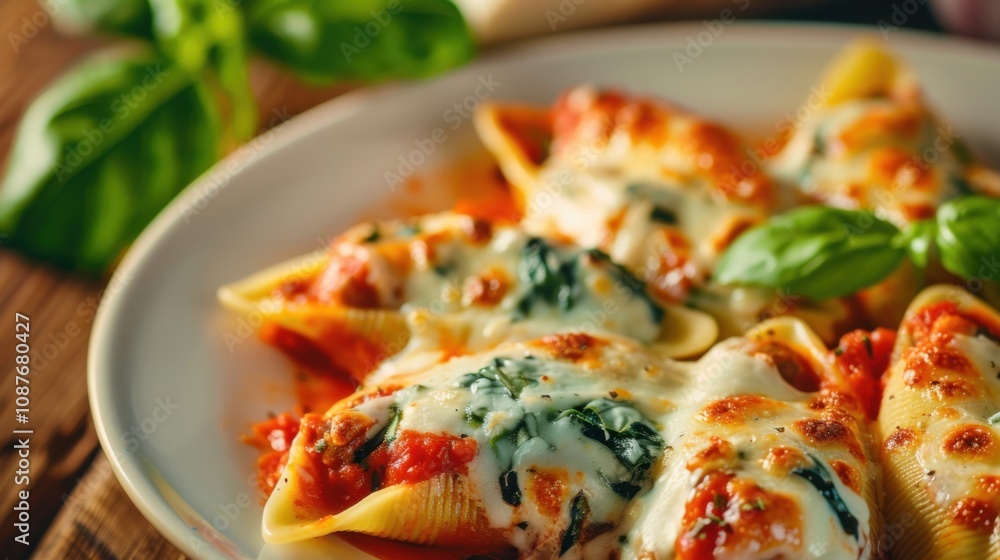 A delightful plate of spinach and ricotta stuffed shells baked with marinara sauce and melted mozzarella cheese, Stuffed shells plate centered A delightful plate of spinach and ricotta stuffed shells baked with marinara sauce and melted mozzarella cheese, Stuffed shells plate centered