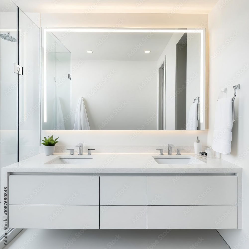High-end bathroom with large mirror, quartz countertop, backlit LED lights, elegant and spacious High-end bathroom with large mirror, quartz countertop, backlit LED lights, elegant and spacious