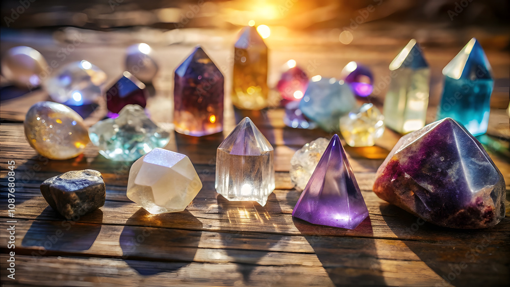 Collection of Crystals on Wooden Surface with Soft Light Reflecting off Facets. Perfect for: Crystal healing sessions, Meditation corners, Spiritual markets Collection of Crystals on Wooden Surface with Soft Light Reflecting off Facets. Perfect for: Crystal healing sessions, Meditation corners, Spiritual markets
