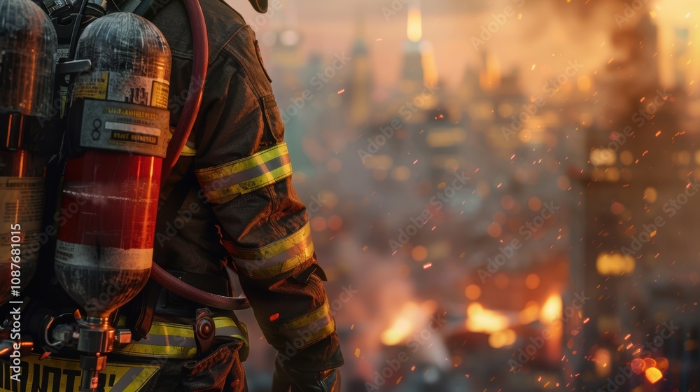 Firefighter in Action: Close-Up of Firefighting Gear Amidst Urban Blaze Firefighter in Action: Close-Up of Firefighting Gear Amidst Urban Blaze