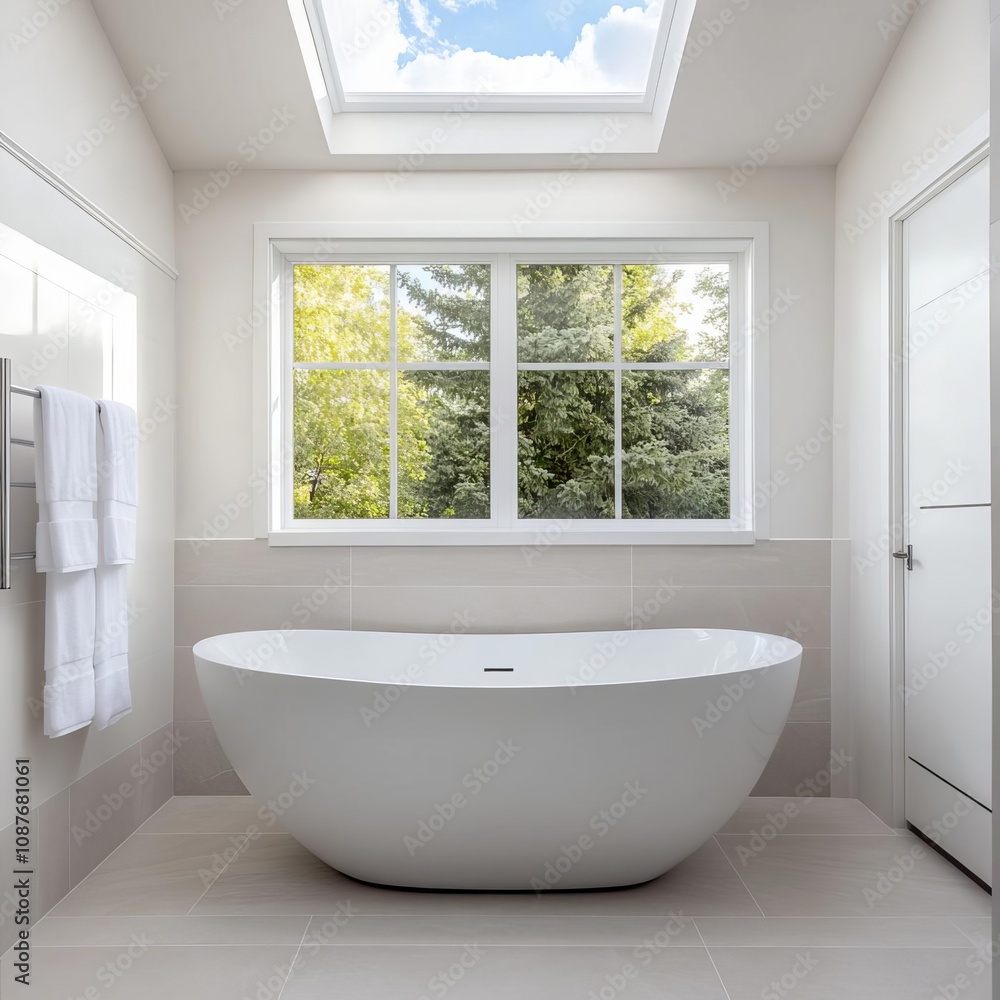 Large freestanding tub in center of the bathroom, skylight above, bright natural light Large freestanding tub in center of the bathroom, skylight above, bright natural light