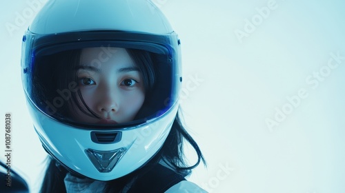 Young Asian woman showcases a detailed helmet mockup, emphasizing design in a studio environment photo