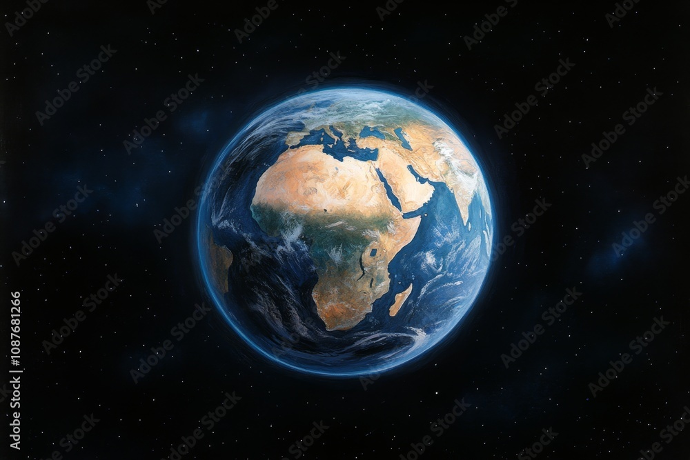 Obraz premium A watercolor depiction of Earth as seen from space, with glowing atmospheric edges and vibrant blues and greens