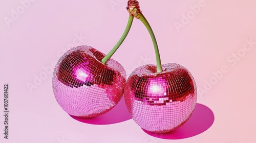 Two cherries with a disco ball texture on a pink background, creating a vibrant and reflective artistic concept