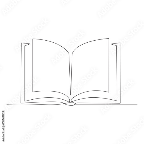 Continuous one line drawing of open book with flying pages on white background. 