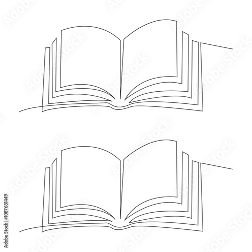 Continuous one line drawing of open book with flying pages on white background. 
