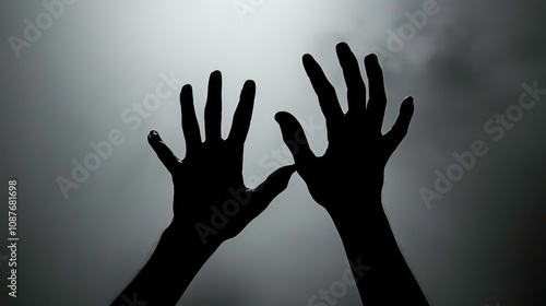 A silhouette of two hands reaching upwards towards a bright, overcast sky.