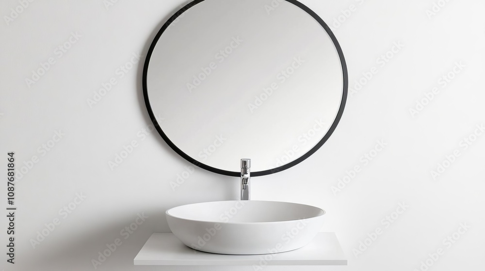 Large round mirror, vessel sink, floating vanity, minimalist design Large round mirror, vessel sink, floating vanity, minimalist design