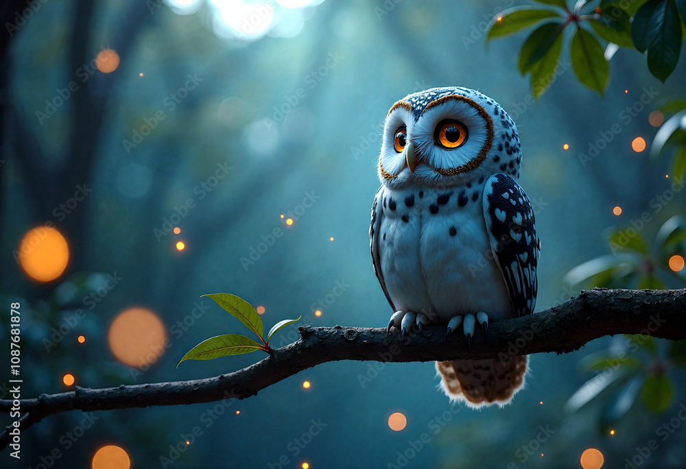A Whimsical Owl Perched in a Twilight Forest Illuminated by Moonlight and Fireflies Capturing Serene Wisdom and Contemplative Gaze A Whimsical Owl Perched in a Twilight Forest Illuminated by Moonlight and Fireflies Capturing Serene Wisdom and Contemplative Gaze