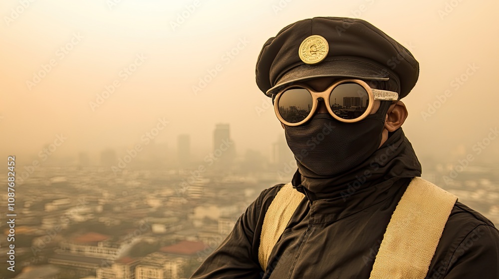 Person wearing a face mask with PM 3.5 filter outdoors, standing against a city backdrop with hazy skies, protecting against air pollution. Person wearing a face mask with PM 3.5 filter outdoors, standing against a city backdrop with hazy skies, protecting against air pollution.