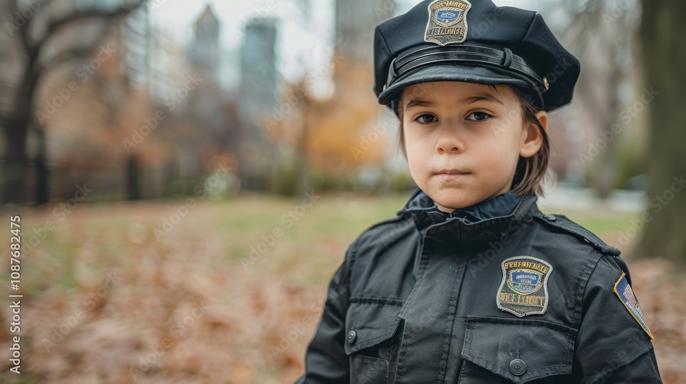 Determined Child in Police Uniform in City Park Setting with Autumn Backdrop Determined Child in Police Uniform in City Park Setting with Autumn Backdrop