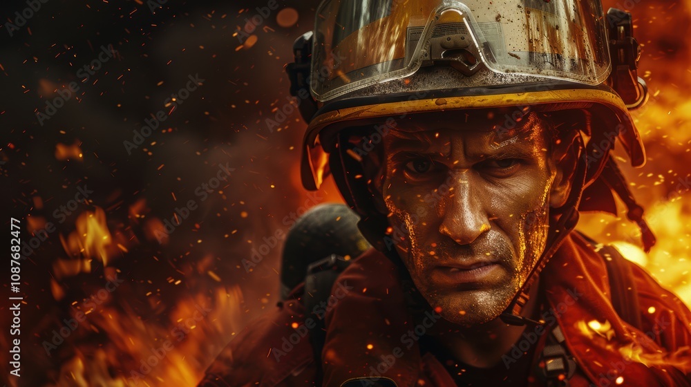 Courageous Firefighter in Action Amidst Intense Blaze Courageous Firefighter in Action Amidst Intense Blaze