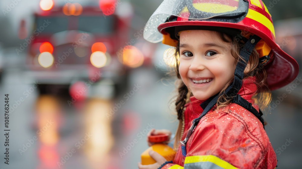 Smiling Child in Fireman Outfit with Toy Extinguisher Near Fire Truck - Perfect for Kids' Safety Theme Smiling Child in Fireman Outfit with Toy Extinguisher Near Fire Truck - Perfect for Kids' Safety Theme