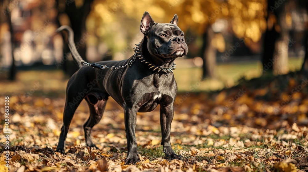 Black Pitbull with Spiked Collar in Autumn Leaves Black Pitbull with Spiked Collar in Autumn Leaves