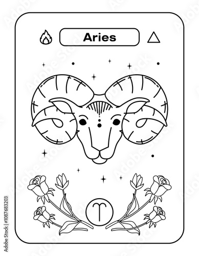 Aries is a zodiac sign. Ram's head with horns. Postcard Black and white line flat vector illustration. Eps10