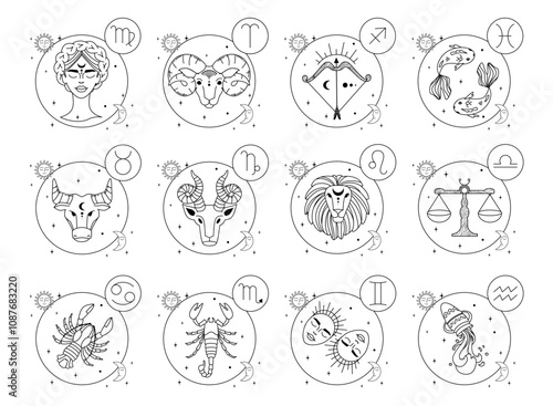 Zodiac signs in line style. Black and white Horoscope icons. Flat vector illustration