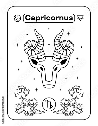 Capricorn is a zodiac sign. Animal head with horns. Postcard Black and white line flat vector illustration. Eps10