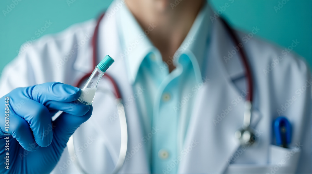 Medical professional holds a small vial in blue gloves while demonstrating safety protocols in a clinical setting Medical professional holds a small vial in blue gloves while demonstrating safety protocols in a clinical setting