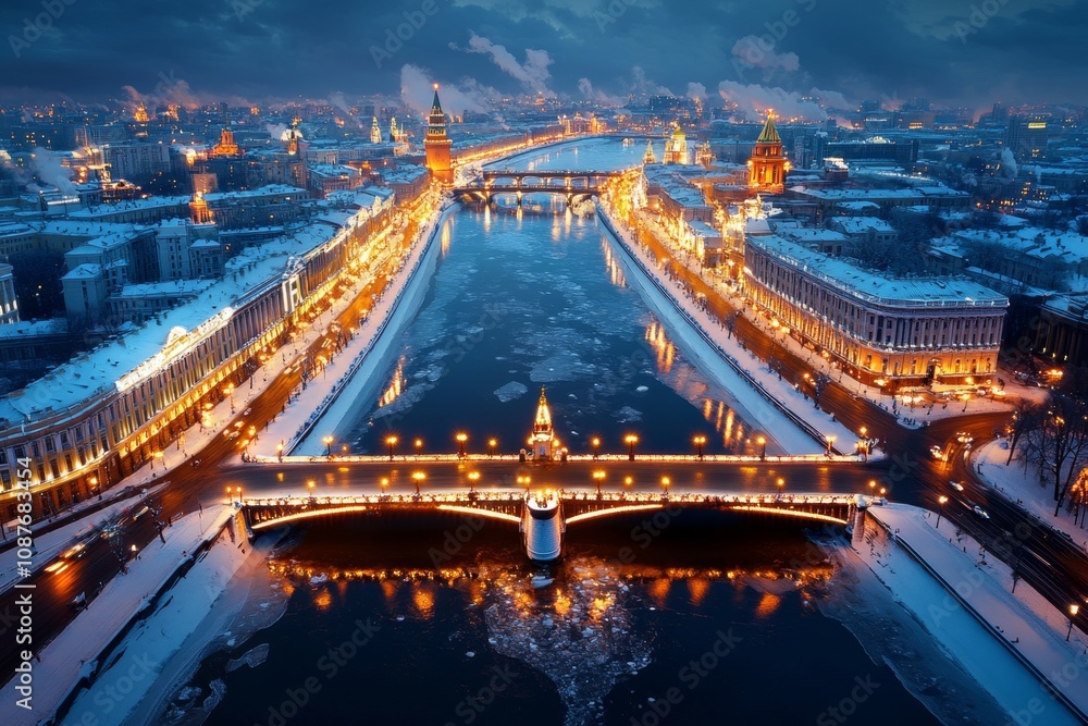 Fototapeta premium An aerial image of a snow-covered city center, with icy rivers and illuminated streetlights creating a winter wonderland