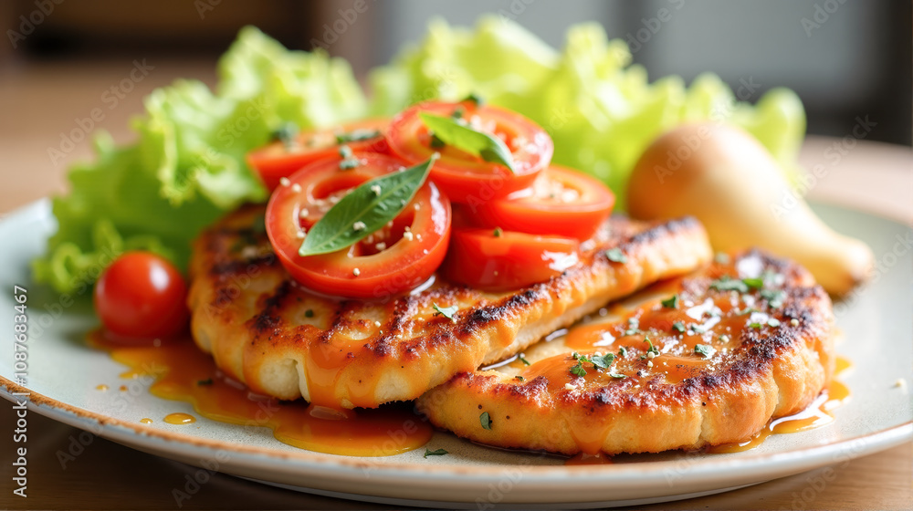 Grilled chicken fillet served on a plate with fresh tomatoes, salad, and a side of pear during a bright afternoon Grilled chicken fillet served on a plate with fresh tomatoes, salad, and a side of pear during a bright afternoon