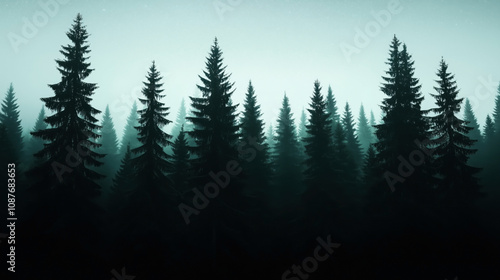 Silhouette of pine trees in a misty forest under a starry night sky, creating a serene and mysterious atmosphere with a soft greenish hue.