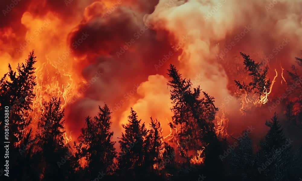 Intense Flames Erupt Amidst Dark Forest Landscape, Showcasing the Destructive Power of Wildfires and Their Impact on Nature and Ecosystems Intense Flames Erupt Amidst Dark Forest Landscape, Showcasing the Destructive Power of Wildfires and Their Impact on Nature and Ecosystems