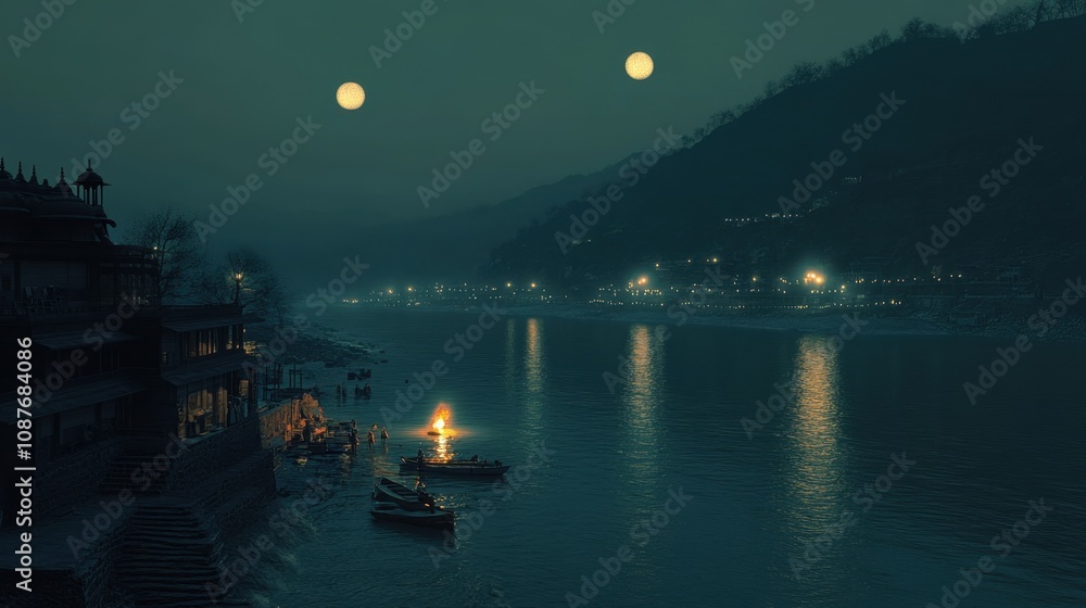 Fototapeta premium Sacred dusk at the Ganga river, devotees performing evening aarti, flames glowing, peaceful ambiance
