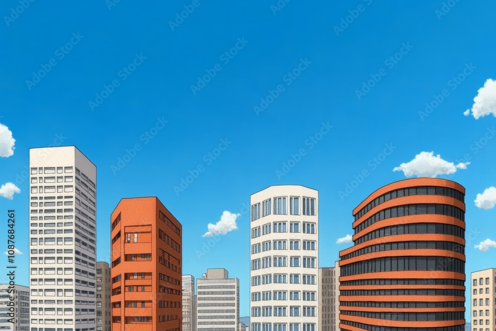 An urban skyline featuring diverse abstract architectural forms, from circular towers to angular skyscrapers An urban skyline featuring diverse abstract architectural forms, from circular towers to angular skyscrapers