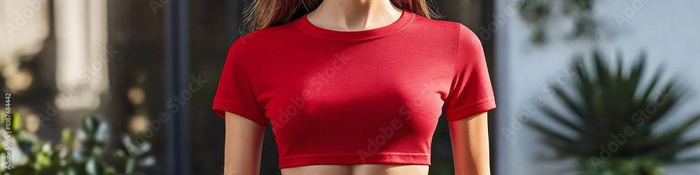 Trendy red women's crop t-shirt mockup, front view with high-quality details Trendy red women's crop t-shirt mockup, front view with high-quality details