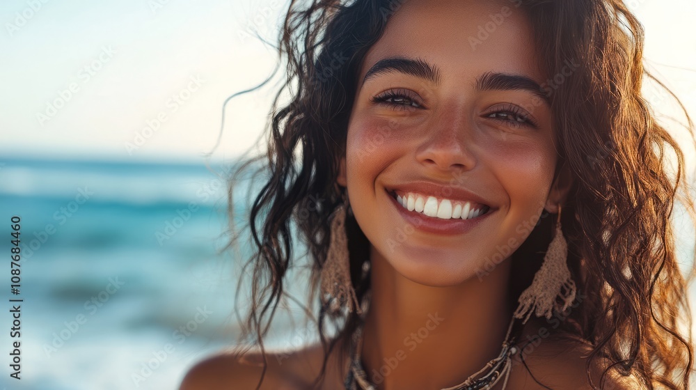 Close-up of smiling woman with wavy hair and bohemian jewelry at the seaside Close-up of smiling woman with wavy hair and bohemian jewelry at the seaside