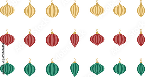 christmas ornaments. decorative christmas ball bauble vector set holiday season celebrate red green gold light vintage stripe illustration design paper lantern finial decorate merry christmas tree