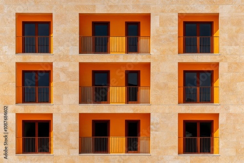 Close-up of abstract architectural details in a minimalist building, with repeating rectangular windows