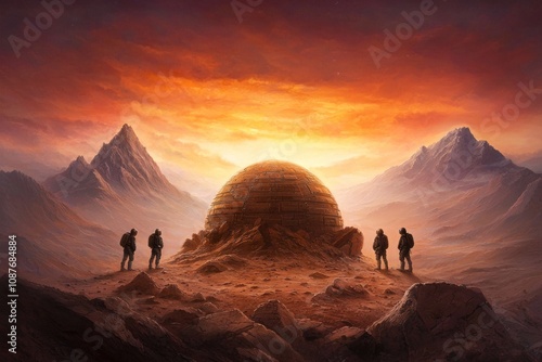 A group of four people are standing in front of a large, mysterious object