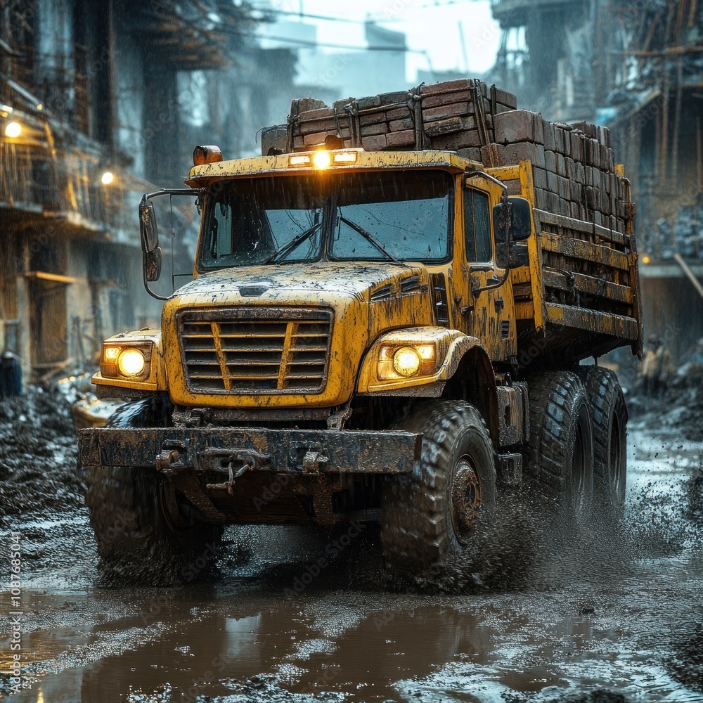 A rugged yellow truck navigating a muddy construction site, carrying building materials. A rugged yellow truck navigating a muddy construction site, carrying building materials.
