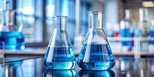 Two Erlenmeyer Flasks with Blue Liquid in a Lab, Close-up, Science Experiment, Chemistry, Research Chemistry, Lab experiment