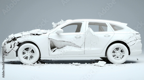A 3D ed image of a white car model with severe structural damage, featuring broken and crumpled body panels, showcasing details of the wreckage.