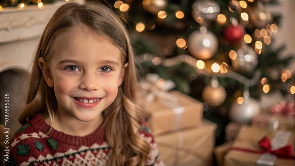 Smiling Girl in Christmas Sweater, Close-Up Portrait, Festive Bokeh Background, Winter Holiday Cheer, Christmas Lights, Child Portrait Christmas, Portrait Photography Smiling Girl in Christmas Sweater, Close-Up Portrait, Festive Bokeh Background, Winter Holiday Cheer, Christmas Lights, Child Portrait Christmas, Portrait Photography