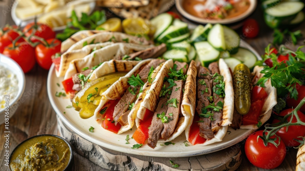 A delightful platter of Lebanese shawarma, thinly sliced marinated meat wrapped in pita bread with tahini sauce and pickles A delightful platter of Lebanese shawarma, thinly sliced marinated meat wrapped in pita bread with tahini sauce and pickles