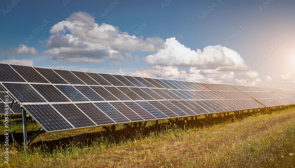Solar panels farmland, renewable energy. Alternative power